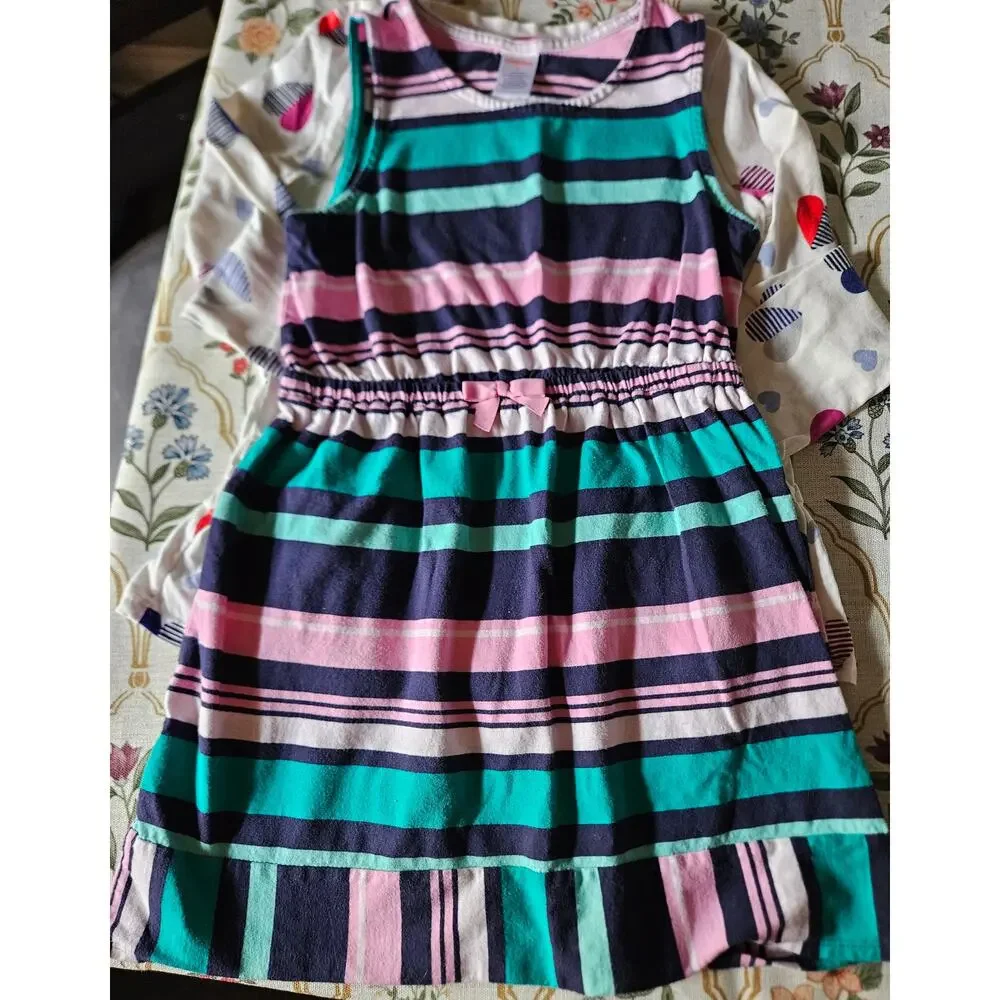 Gymboree Girls Striped Sleeveless Dress Size 8 Pink Navy Teal 100% Cotton Bow